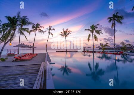 Bella piscina e cielo tramonto. Lussuoso paesaggio tropicale sulla spiaggia, sedie a sdraio e lettini e specchio d'acqua. Relax estivo di lusso, atmosfera rilassante Foto Stock