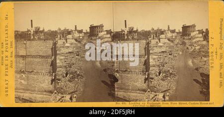 Guardando su Exchange da Fore Street, Custom House e City Hall in Distance., immagine, Stereographs, 1866, Soule, John P. (1827-1904 Foto Stock