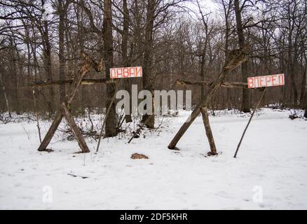 Voronezh, Russia - 29 febbraio 2020: Figure di sciatori fatti da alberi antichi. Parco 'Olimpico', Voronezh Foto Stock