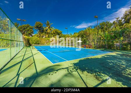 Sport e attività ricreative come campo da tennis su paesaggio tropicale, palme e cielo blu. Sport in concetto tropicale Foto Stock