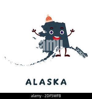 Carino cartoon Alaska stato carattere clipart. Mappa illustrata dello stato dell'Alaska degli Stati Uniti con il nome dello stato. Divertente personaggio design per i bambini gioco, adesivo, Illustrazione Vettoriale