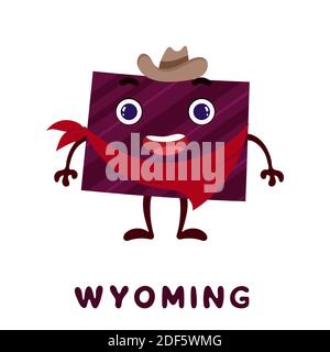 Carino cartoon Wyoming stato carattere clipart. Mappa illustrata dello stato del Wyoming degli Stati Uniti con il nome dello stato. Disegno divertente del carattere per il gioco dei bambini, sticke Illustrazione Vettoriale