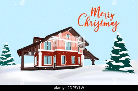Festivo vettore inverno campagna sfondo con una casa cottage rosso, alberi di natale e auguri di buon Natale Illustrazione Vettoriale