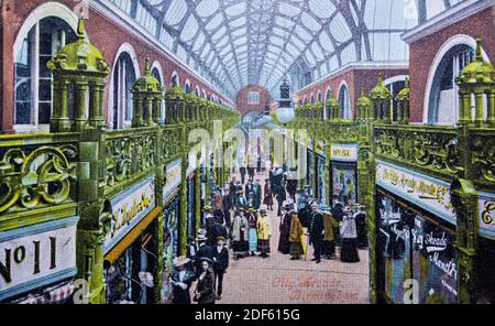 The Arcade, City Arcade, Birmingham vintage cartolina illustrazione circa 1905, inizio 20 ° secolo West Midlands, Inghilterra, Regno Unito Foto Stock