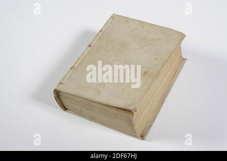 Libro, 1502, inchiostro, cartone, carta, Generale: 13.2 x 11.2 x 4,5 cm (132 x 112 x 45 mm), libro di preghiera intitolato Consolazione degli uomini di sinistra e delle Verclaringhe der Consciencie, stampato da Hugo Janszoon van Woerden. Il libro rilegato contiene una copertina semplice. In cima alla colonna vertebrale si trova il titolo del libro Vertroostinghe der gelatenre menschen en der Verclaringhe der Consciencie scritto con inchiostro in Leyden 1502. L'interno è costituito da pagine non numerate con solo testo. Sulla pagina del titolo c'è un iniziale della lettera H, riccamente decorata, con in lettere nere il testo qui inizia un bel boeck Foto Stock