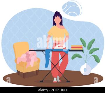 Donna stirare abiti piatto colore vettore carattere sfacciato Illustrazione Vettoriale