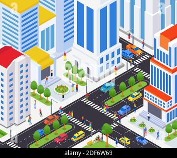 Vita cittadina - moderno vettore colorato illustrazione isometrica. Paesaggio urbano con case di appartamenti, uffici, strada con auto, cittadini a piedi. Illustrazione Vettoriale