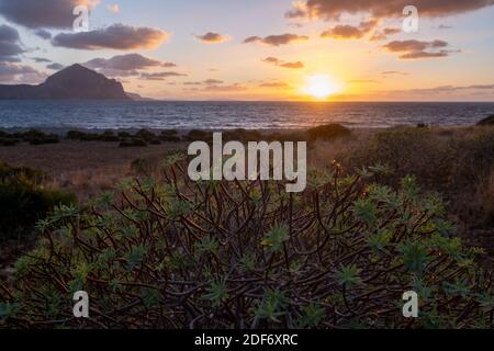 San Vito lo Capo Sicilia, spiaggia di San Vito lo Capo e Monte Monaco sullo sfondo, Sicilia nord-occidentale. Foto di alta qualità Foto Stock