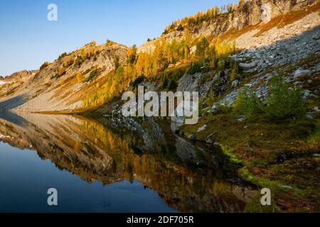 WA18650-00...WASHINGTON - UNA colorata collina che si riflette nel Lower Ice Lake nell'area di Glacier Peak Wilderness. Foto Stock