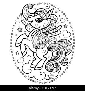 Unicorn su una nuvola. Animale magico. Bianco e nero, monocromatico. Per la progettazione di stampe, poster, biglietti, libro Vector Illustrazione Vettoriale