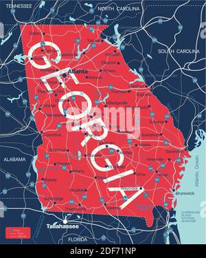 Mappa modificabile dettagliata dello stato della Georgia con città e città, siti geografici, strade, ferrovie, interstatali e autostrade degli Stati Uniti. File vettoriale EPS-10, Illustrazione Vettoriale