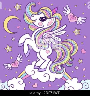 Fumetto unicorno che balla su un arcobaleno. Simpatico animale fantastico. Per stampe di design, poster, biglietti, adesivi, badge per bambini. Vettore Illustrazione Vettoriale