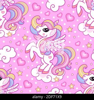 modello senza ammorsi e unicorni bianchi su sfondo rosa. Per la progettazione di tessuti, carta da parati, sfondi per bambini. Vettore. Illustrazione Vettoriale