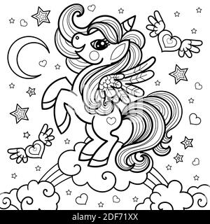 Un unicorno cartoon che cavalcano un arcobaleno. Immagine in bianco e nero. Stile Doodle. Per la progettazione di libri da colorare, cartoline, tatuaggi, stampe. posters, Illustrazione Vettoriale