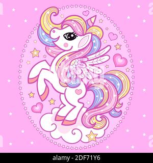 Unicorn su una nuvola su sfondo rosa. Carino animale fantastico per il design dei bambini. Adatto per stampe, poster, cartoline, adesivi, badge. VECTO Illustrazione Vettoriale