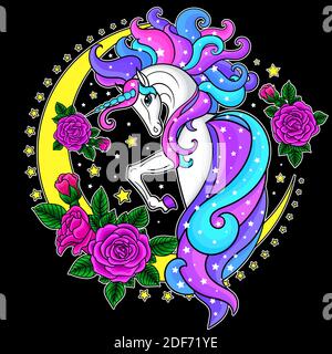 Unicorno bianco con manna arcobaleno sulla luna con rose su sfondo nero. Fantasia animale. Per la progettazione di stampe, poster, cartoline, adesivi Illustrazione Vettoriale