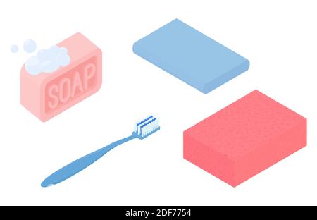 Set isometrico per prodotti igienici isolato su bianco. Sapone rosa, spazzolino blu e icone degli asciugamani. Illustrazione del vettore cartoon. Illustrazione Vettoriale