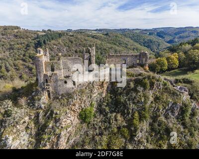 Francia, Puy de Dome, Saint Remy de Blot, Chateau Rocher, 12 ° secolo fortezza che domina le gole del Sioule (vista aerea) Foto Stock