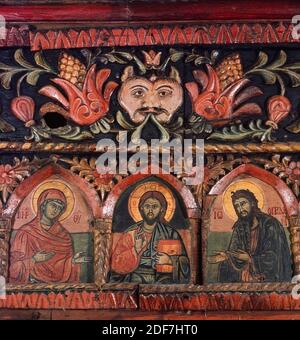 Monastero di Rojen, particolare dell'iconcostasi nella piccola cappella di San Cosma e Damiano (Santo guaritori), situata nella parte settentrionale della chiesa, Bulgaria Foto Stock