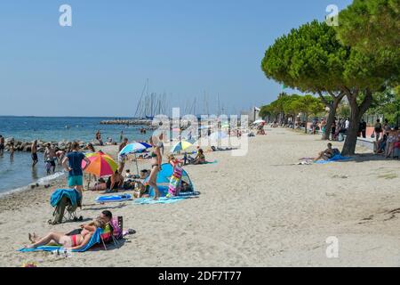 Francia, Herault, laguna di Thau, Meze, turisti su una spiaggia fiancheggiata da ombrelloni di pino Foto Stock