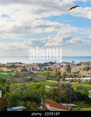 Skyline di Paphos con uccelli che volano nel cielo, Cipro Foto Stock