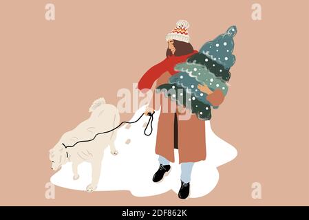 Donna che cammina con un cane e porta outdoors albero di Natale, preparandosi per le vacanze di Capodanno. Illustrazione vettoriale in stile cartoon piano Illustrazione Vettoriale