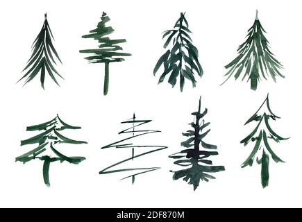Una serie di sagome di alberi di Natale verdi in acquerello. Isolato su uno sfondo trasparente Foto Stock