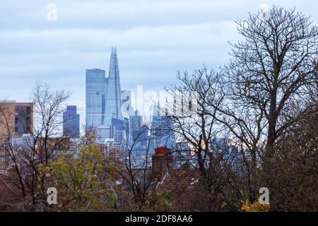 Vista attraverso gli alberi del quartiere centrale degli affari di Londra visto da Brockwell Park, Londra Foto Stock