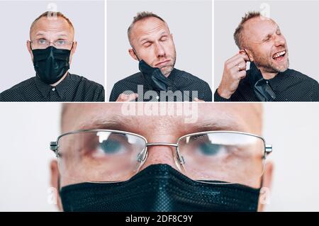 Collage Ritratti di uomo stanco che rimuove una maschera facciale nera durante una pandemia mondiale COVID-19 guardando la fotocamera in occhiali misted. Autoprotezione Foto Stock