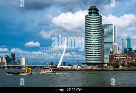 Ponte Erasmus di Rotterdam sul fiume Maas o Mosa nel centro di Rotterdam Paesi Bassi. World Port Centre Rotterdam, molo Wilhelmina e De Rotterdam. Foto Stock
