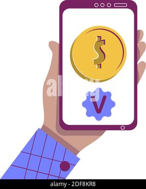 Illustrazione piatta del concetto di pagamento accettato. Mano con lo smartphone. Moneta del dollaro e segno di spunta della transazione riuscita. Vettore cartoon isolato per applicazioni mobili, servizi bancari o di vendita al dettaglio. Illustrazione vettoriale Illustrazione Vettoriale