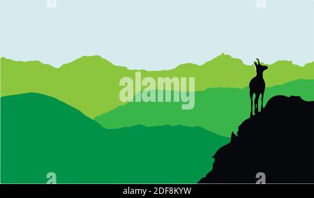 Un camoscio si erge sulla cima di una collina con le montagne sullo sfondo. Silhouette nera con sfondo verde. Illustrazione. Illustrazione Vettoriale