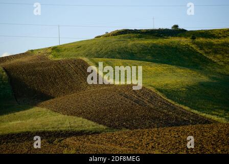 paesaggio ondulato per terreno arato rosso e campo verde Foto Stock