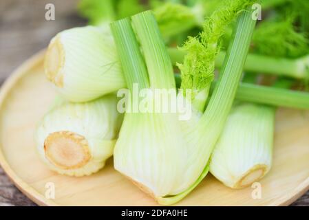 Verdure di finocchio dal giardino , bulbi freschi di finocchio crudo pronti a cucinare su cibo legno natura sfondo verde Foto Stock