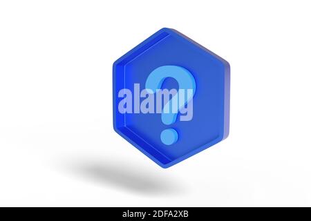 Segno esagonale blu con punto interrogativo. illustrazione 3d. Foto Stock