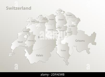 Svizzera divisione amministrativa cartografia separa regioni e nomi, cartoncino vettore naturale 3D Illustrazione Vettoriale