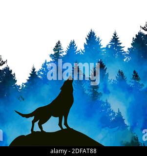 Wolf silhouette acquerello. Supporti misti. Wolf urla in una foresta blu. Illustrazione vettoriale Illustrazione Vettoriale