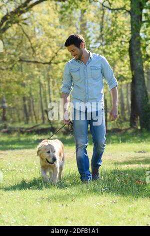 uomo che cammina un cane nel parco Foto Stock