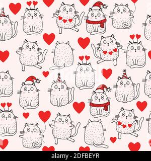 Ripetizioni senza giunture. Vacanze e gatti in un cappello di Santa, una sciarpa, un cappello per le ragazze di compleanno, con cuori, con un pallone, ballando e sedendosi su uno sfondo leggero Illustrazione Vettoriale