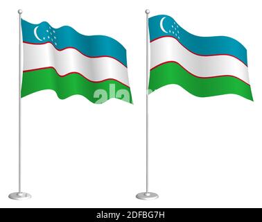 bandiera dell'uzbekistan su flagpole che ondolano nel vento. Elemento di design per le vacanze. Punto di verifica per i simboli della mappa. Vettore isolato su sfondo bianco Illustrazione Vettoriale