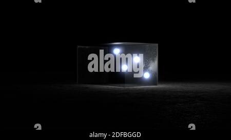 Belle quattro sfere di cristallo con luce illuminante in una scatola di vetro trasparente, stanza scura, notte, rendering 3D Foto Stock