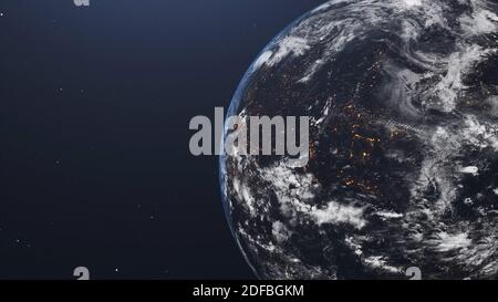 Bella vista della Terra dall'alta orbita terrestre. Vista notturna dallo spazio, con luci illuminanti sulla superficie terrestre, pianeta Terra dallo spazio, spazio, piano Foto Stock