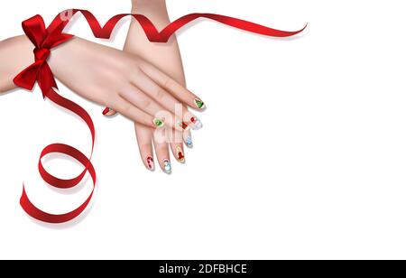 Mani femminili con disegni di Natale dipinte su unghie delle dita. Bordo con spazio di copia e sfondo bianco. Foto Stock