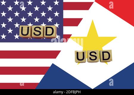 Codici delle valute USA e Saba sulla base delle bandiere nazionali. Concetto di trasferimento di denaro internazionale Foto Stock