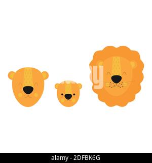 testa leone, Cartoon Animali carini per biglietti di auguri e inviti per bambini. Illustrazione vettoriale. Leo, la famiglia dei leoni Illustrazione Vettoriale