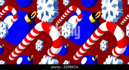 Modello senza giunture natalizie con canna da zucchero a righe o bastone caramella, baubles e fiocchi di neve. Texture di nuovi anni con elementi 3d in prospettiva Illustrazione Vettoriale