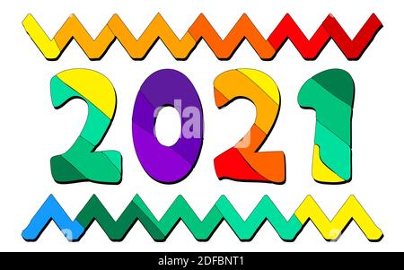 2021. Cartoni animati multicolore luminosi ed allegri, isolati elementi di iscrizione e design. Lettere colorate, onda. 2021 per web, opuscoli, poster, striscioni, volantini Illustrazione Vettoriale