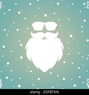 Silhouette viso Babbo natale con barba e occhiali da sole hipster su sfondo blu polvere con fiocchi di neve. Etichetta per il party o il biglietto d'auguri. Fla vettore Illustrazione Vettoriale