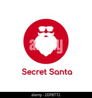 Poster Babbo Natale segreto. Silhouette Claus Face con barba e occhiali da sole Hipster su sfondo bianco. Etichetta per il party o il biglietto d'auguri. Vettore illus piano Illustrazione Vettoriale