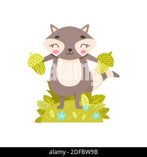 Un simpatico raccoon tiene ghiande nelle sue zampe. Semplice illustrazione su uno sfondo isolato. Può essere utilizzato come design per forniture per ufficio, stampe su abiti Illustrazione Vettoriale